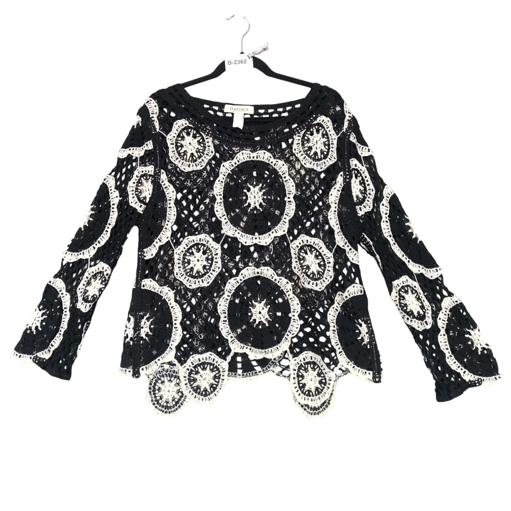 Haptics Black White Crochet Circle Sweater Womens L Open Knit Boho Whimsigoth